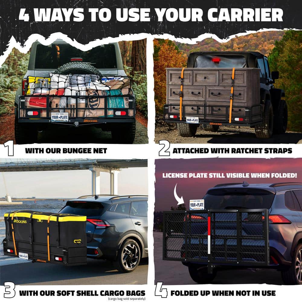 Mockins 500lb. Cap. 60 in. x 24 in. x 14 in. Rustproof High Rail Hitch Mount Cargo Carrier Basket - License Holder, 2 in. Raise