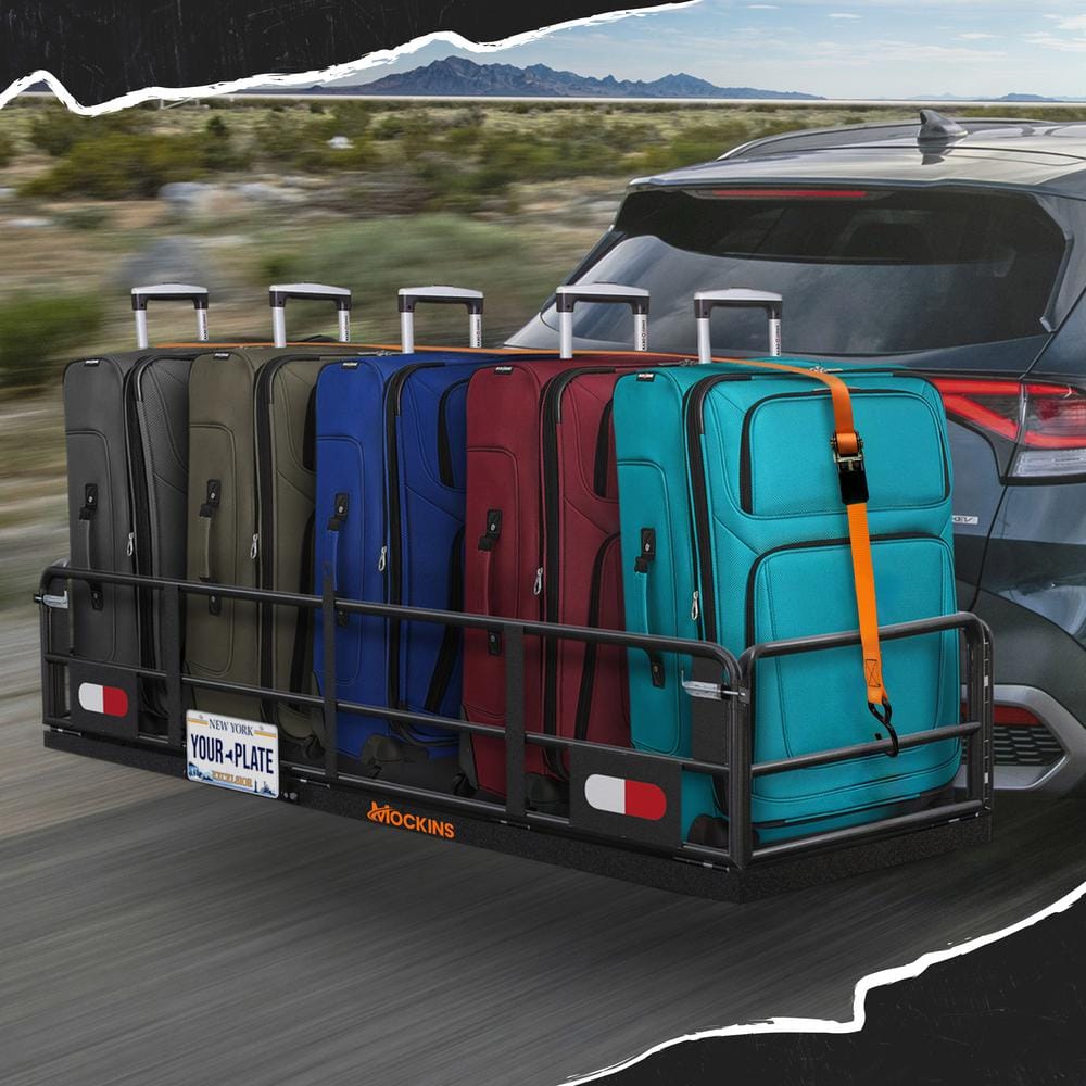 Mockins 500lb. Cap. 60 in. x 24 in. x 14 in. Rustproof High Rail Hitch Mount Cargo Carrier Basket - License Holder, 2 in. Raise