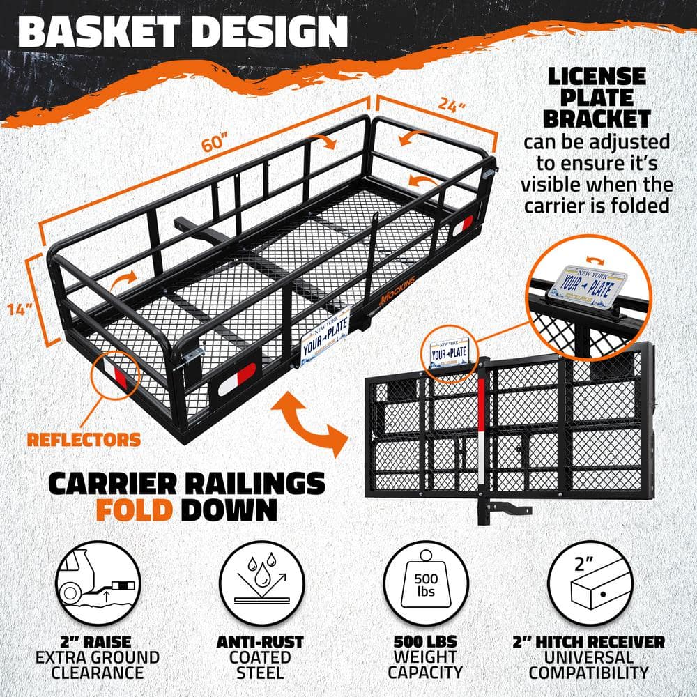 Mockins 500lb. Cap. 60 in. x 24 in. x 14 in. Rustproof High Rail Hitch Mount Cargo Carrier Basket - License Holder, 2 in. Raise