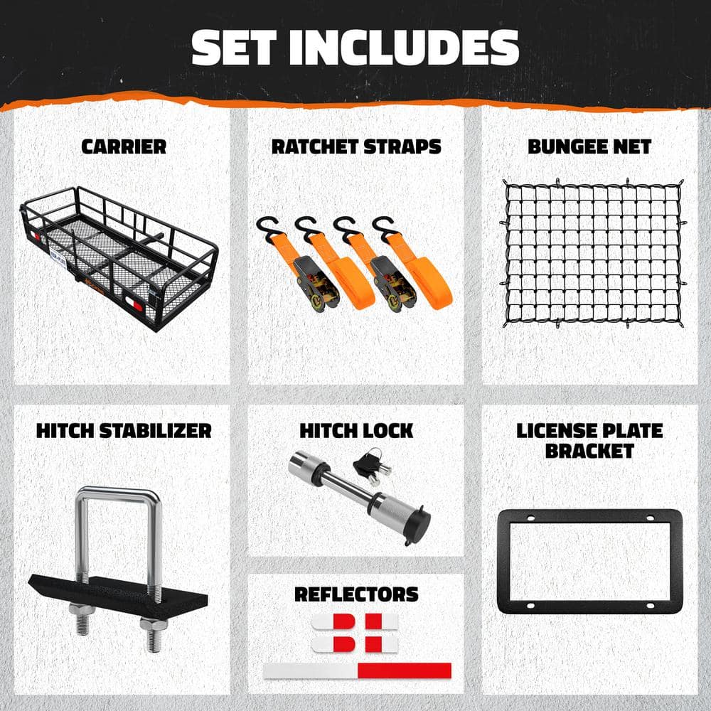 Mockins 500lb. Cap. 60 in. x 24 in. x 14 in. Rustproof High Rail Hitch Mount Cargo Carrier Basket - License Holder, 2 in. Raise