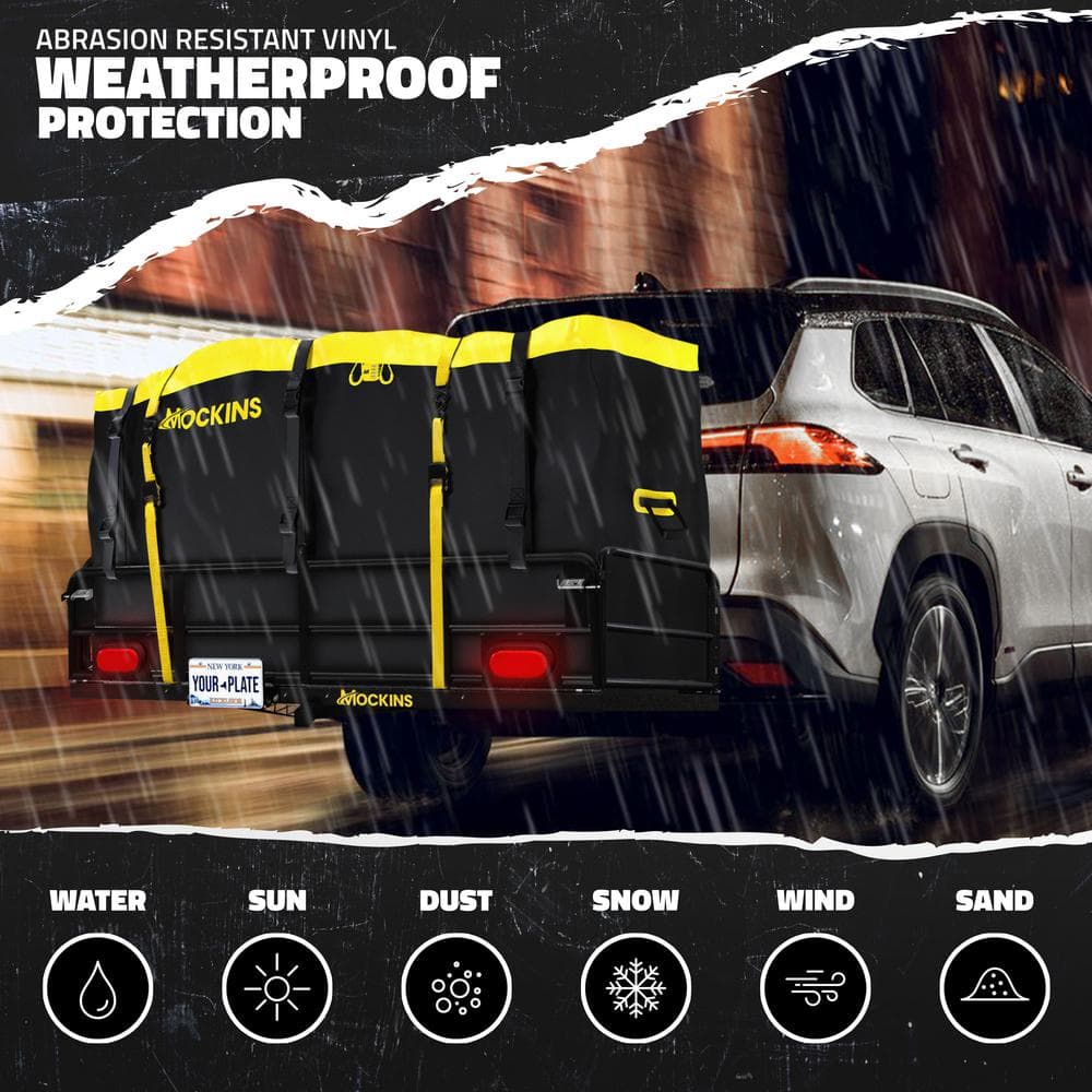 Mockins 500 lbs. Capacity 60 in. x 24 in. x 14 in. Hitch Cargo Carrier w/High Rails, Rear Lights, 30 CuFt Cargo Bag, Net, Straps
