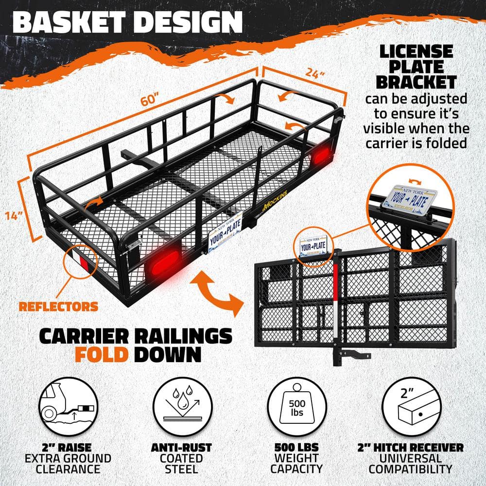 Mockins 500 lbs. Capacity 60 in. x 24 in. x 14 in. Hitch Cargo Carrier w/High Rails, Rear Lights, 30 CuFt Cargo Bag, Net, Straps