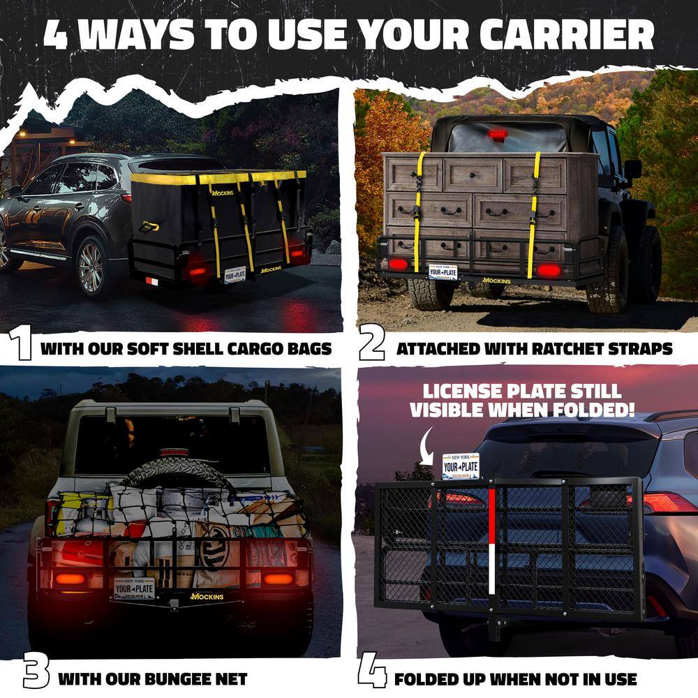 Mockins 500 lbs. Capacity 60 in. x 24 in. x 14 in. Hitch Cargo Carrier w/High Rails, Rear Lights, 30 CuFt Cargo Bag, Net, Straps