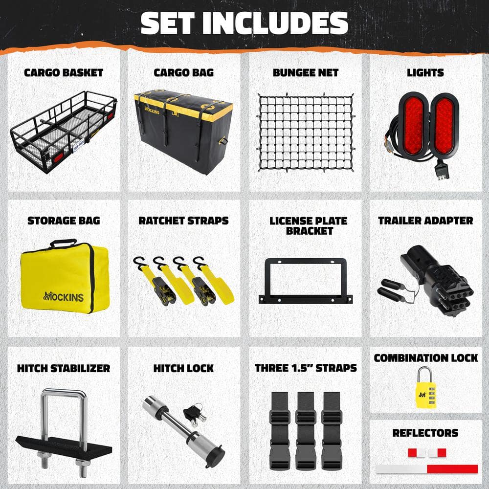 Mockins 500 lbs. Capacity 60 in. x 24 in. x 14 in. Hitch Cargo Carrier w/High Rails, Rear Lights, 30 CuFt Cargo Bag, Net, Straps