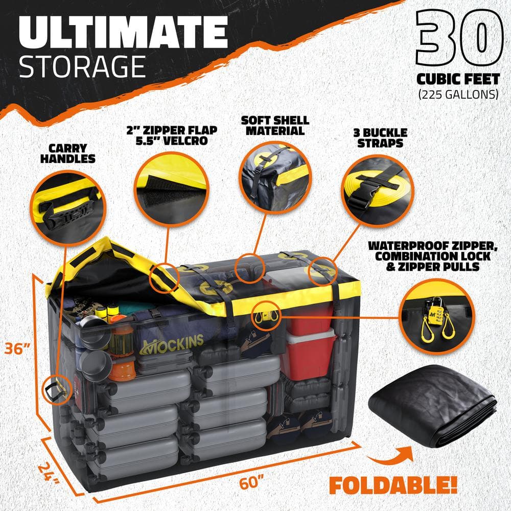 Mockins 500 lbs. Capacity 60 in. x 24 in. x 14 in. Hitch Cargo Carrier w/High Rails, Rear Lights, 30 CuFt Cargo Bag, Net, Straps