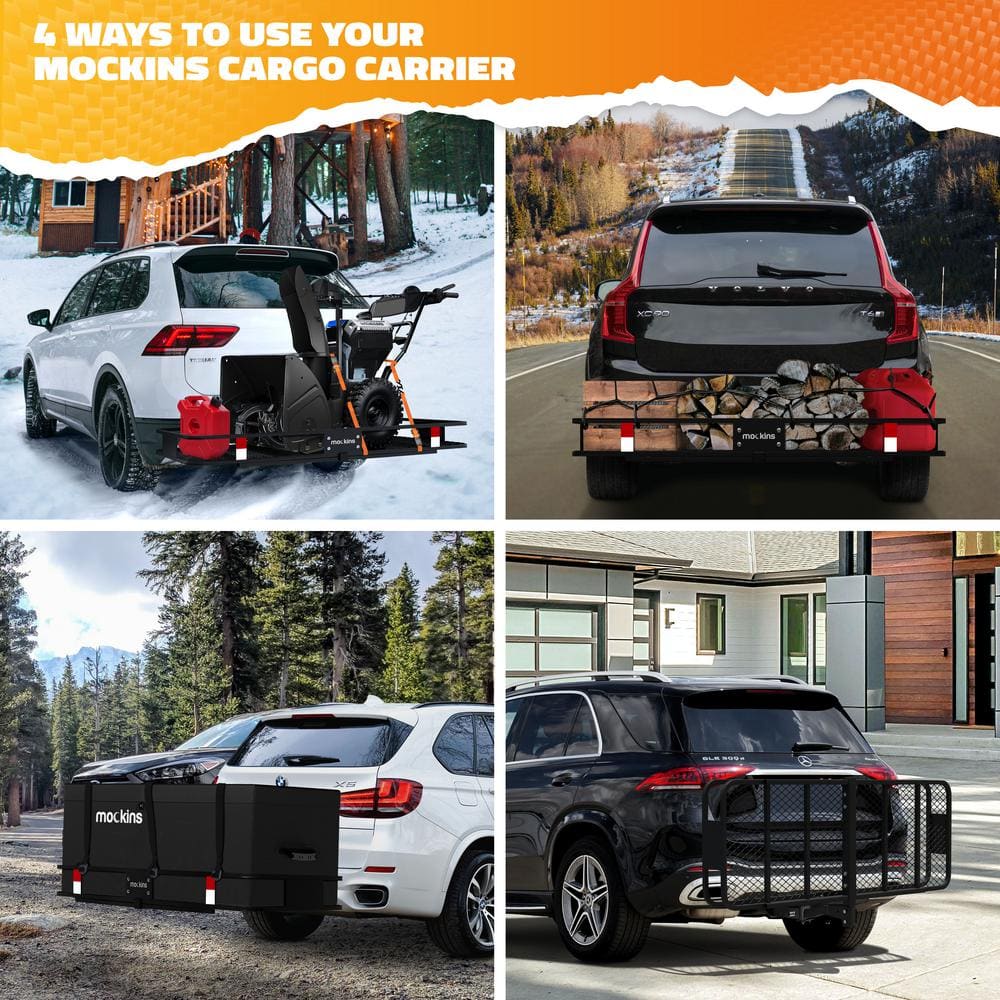 Mockins 60 in. x 24 in. x 6 in. Rustproof Cargo Carrier Hitch Mount 500 lbs. Cap Cargo Basket with Foldable Hitch Armand Net