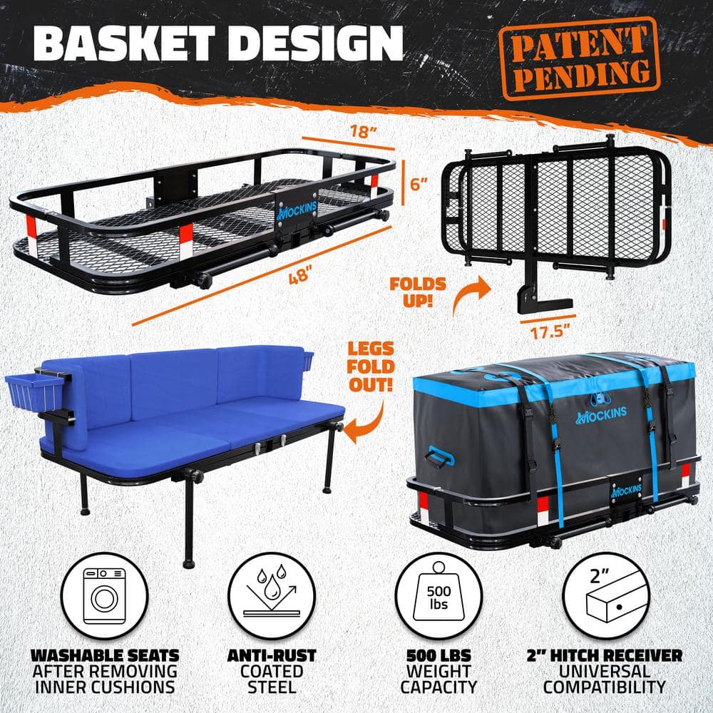 Mockins 48in x 18in x 6in. 2-in-1 Hitch Mount Cargo Carrier and Hitch Bench with 15CuFt Cargo Bag, Cushion Set and Accessories