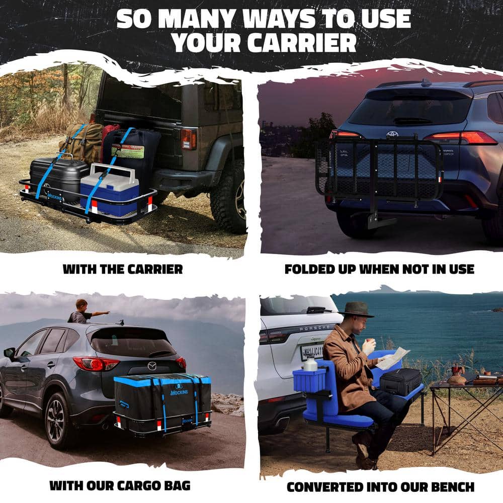 Mockins 48in x 18in x 6in. 2-in-1 Hitch Mount Cargo Carrier and Hitch Bench with 15CuFt Cargo Bag, Cushion Set and Accessories