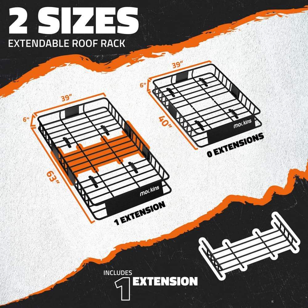Mockins 260 lbs. Capacity Extendable Roof Rack Rooftop Cargo Carrier with Net and Ratchet Straps, Extends from 43-64 in. Long