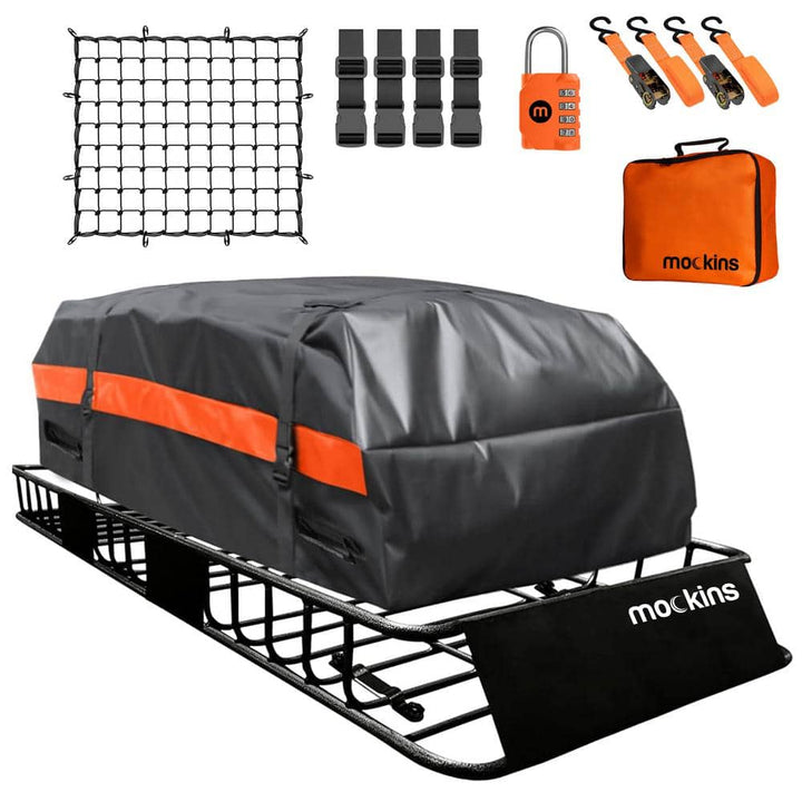 Mockins 250 lbs. Roof Rack Basket with 20 CF Roof Bag - Roof Rack Cargo Basket Adjusts from 43-64 in. L x 39 in. W x 6 in. H