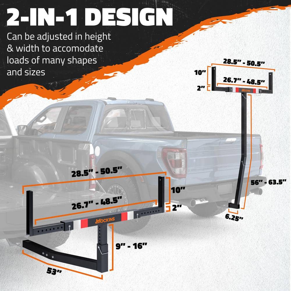 Mockins 750 lbs. Capacity Pickup Truck Bed Extender with Flag, Stabilizer and Ratchet Straps, 2-in-1 Design