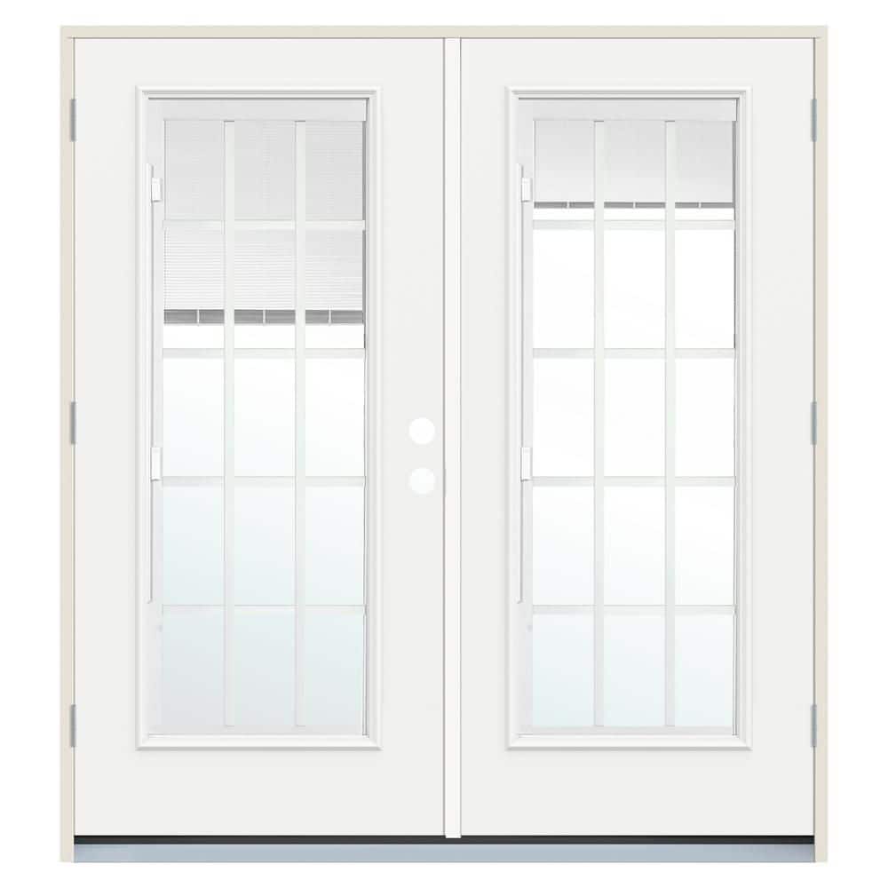 72 in. x 80 in. Right-Hand/Inswing Low-E 15 Lite Modern White Fiberglass Double Prehung French Patio Door w/BBG