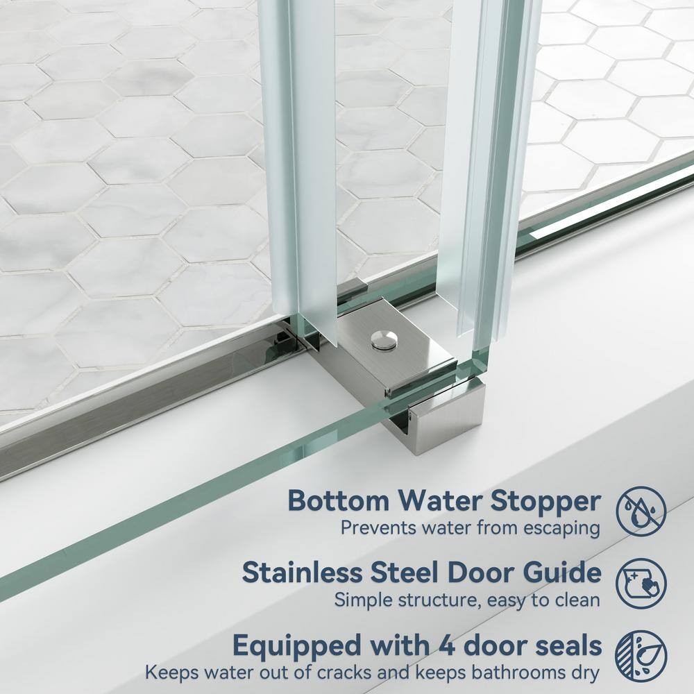 mortix 60 in. W x 80 in. H Double Sliding Frameless Shower Door in Brushed Nickel with 3/8 in. (10 mm) Tempered Clear Glass