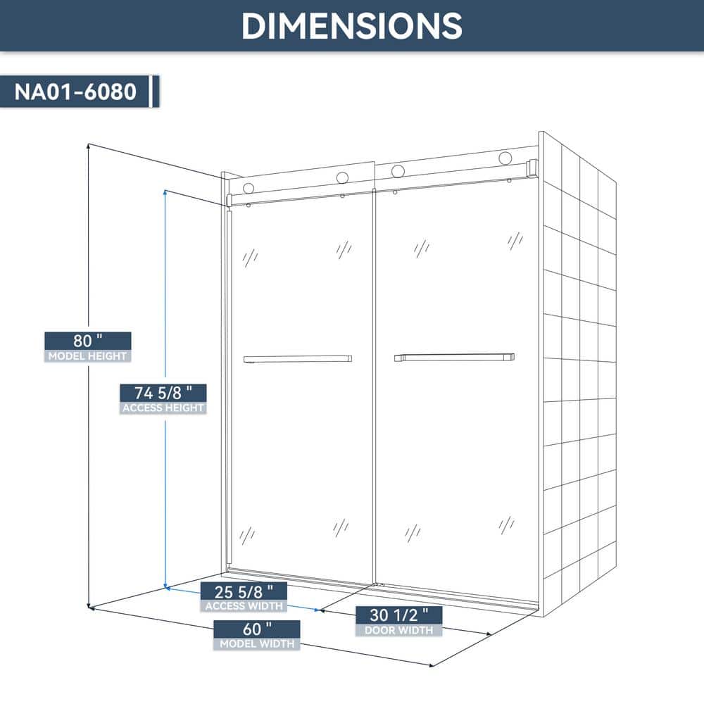 mortix 60 in. W x 80 in. H Double Sliding Frameless Shower Door in Brushed Nickel with 3/8 in. (10 mm) Tempered Clear Glass