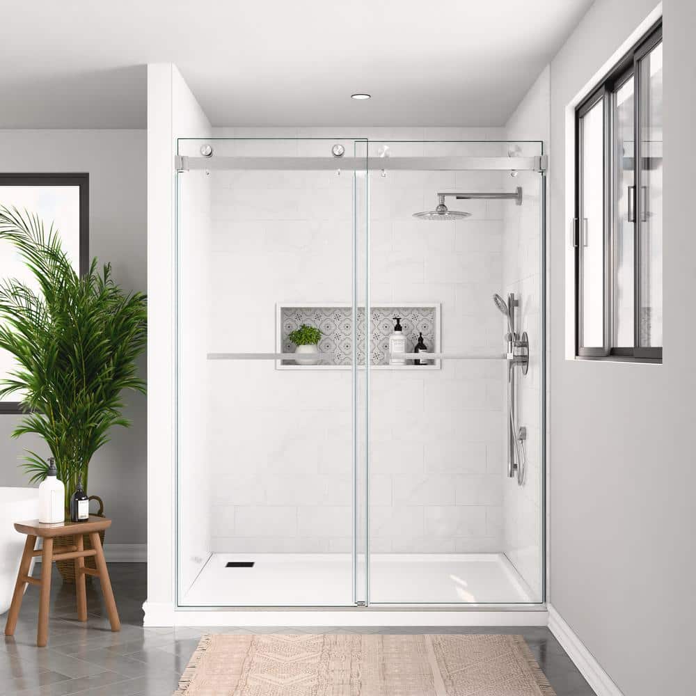 mortix 60 in. W x 80 in. H Double Sliding Frameless Shower Door in Brushed Nickel with 3/8 in. (10 mm) Tempered Clear Glass