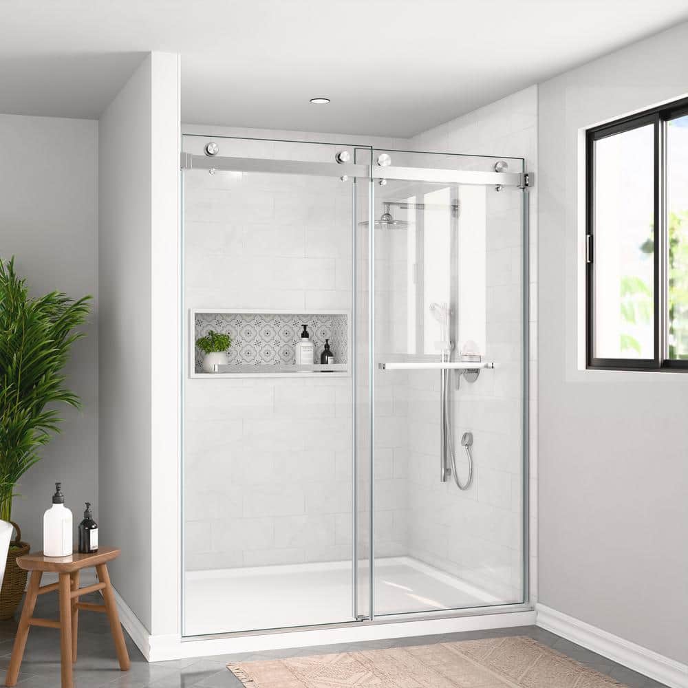 mortix 60 in. W x 80 in. H Double Sliding Frameless Shower Door in Brushed Nickel with 3/8 in. (10 mm) Tempered Clear Glass