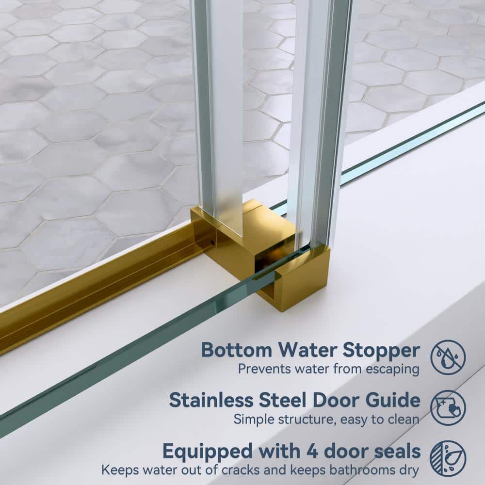 mortix Serena 66 in. W x 76 in. H Sliding Frameless Shower Door in Brushed Gold with 3/8 in. (10 mm) Tempered Clear Glass
