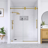 mortix Serena 66 in. W x 76 in. H Sliding Frameless Shower Door in Brushed Gold with 3/8 in. (10 mm) Tempered Clear Glass