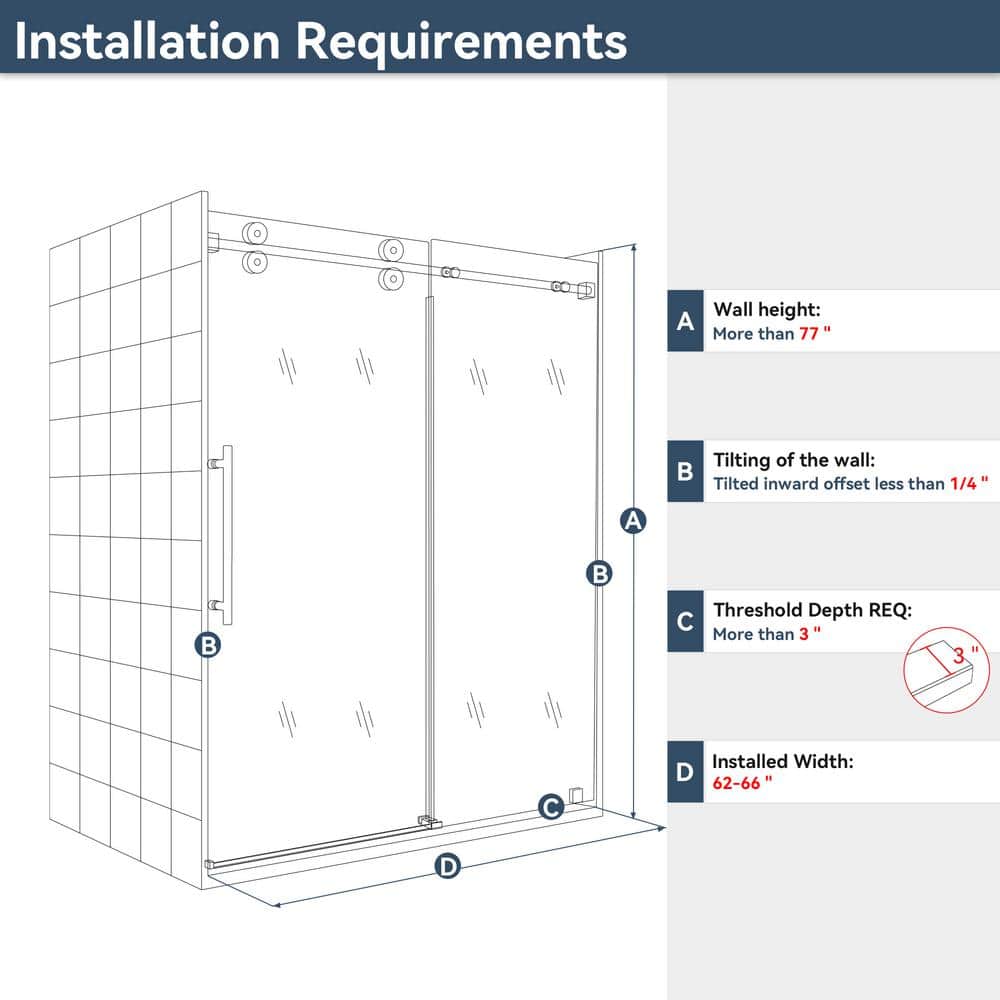 mortix Serena 66 in. W x 76 in. H Sliding Frameless Shower Door in Brushed Gold with 3/8 in. (10 mm) Tempered Clear Glass