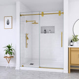mortix Serena 66 in. W x 76 in. H Sliding Frameless Shower Door in Brushed Gold with 3/8 in. (10 mm) Tempered Clear Glass