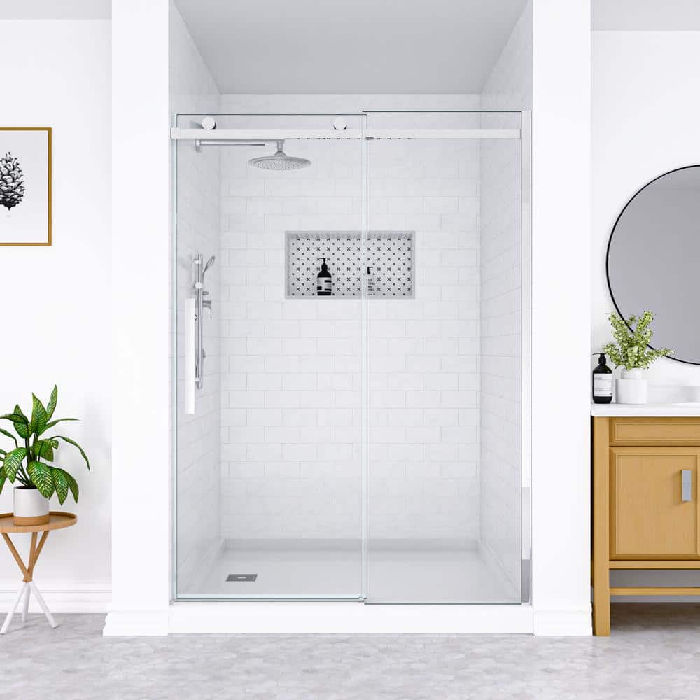 mortix 60 in. W x 74 in. H Single Sliding Frameless Shower Door in Chrome with Soft Close System and Clear Tempered Glass