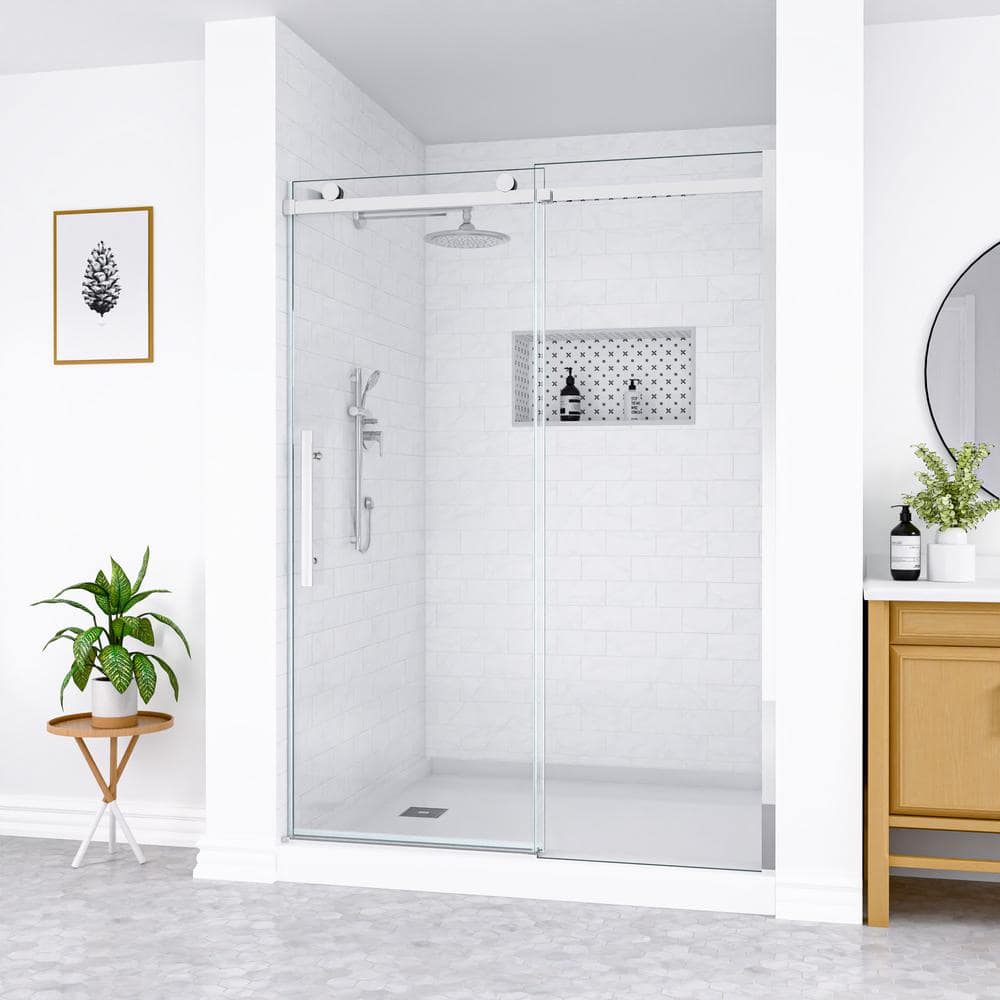 mortix 60 in. W x 74 in. H Single Sliding Frameless Shower Door in Chrome with Soft Close System and Clear Tempered Glass