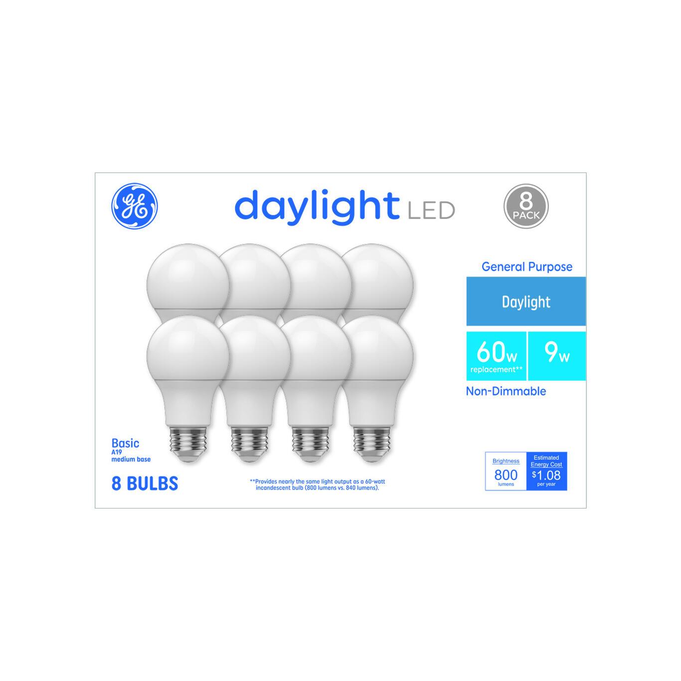 GE Basic LED A19 Light Bulbs, 60W Replacement, 9W, Daylight, Non-Dimmable (8-Pack)