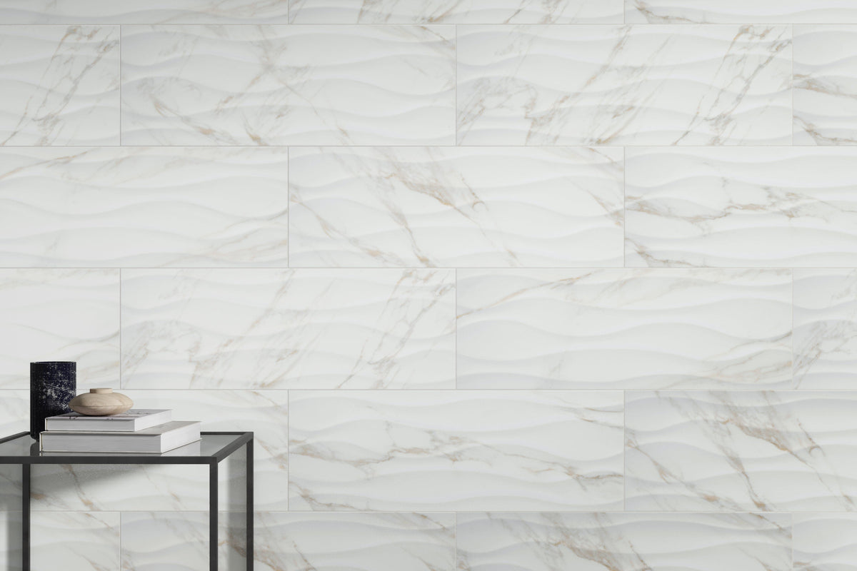 Emser Sculpture White 12 in. x 24 in. Glazed Porcelain Stone-Look Wall Tile, 5-Pack