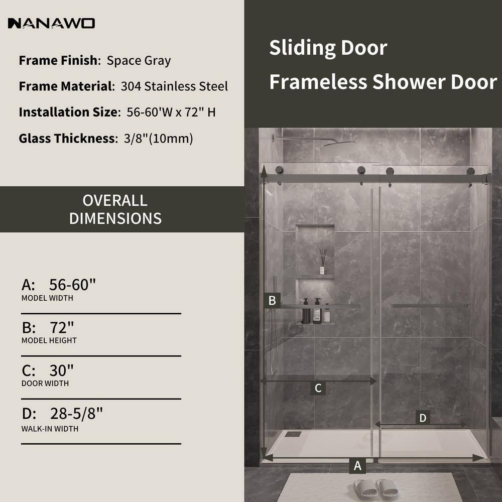 NANAWO 60 in. W x 72 in. H Sliding Frameless Shower Door in Gray with 3/8 in. Clear Glass