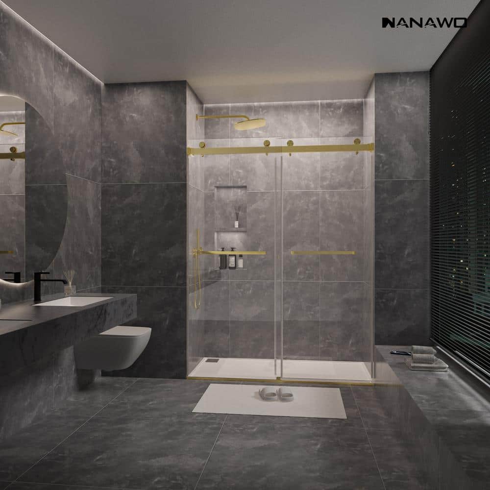NANAWO 60 in. W x 80 in. H Sliding Frameless Shower Door in Brushed Gold with 3/8 in. Clear Glass
