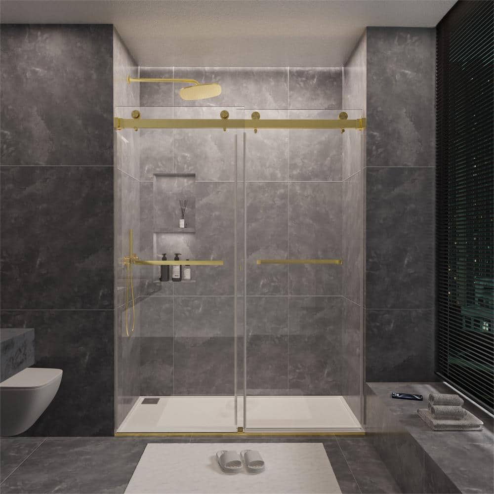 NANAWO 60 in. W x 80 in. H Sliding Frameless Shower Door in Brushed Gold with 3/8 in. Clear Glass