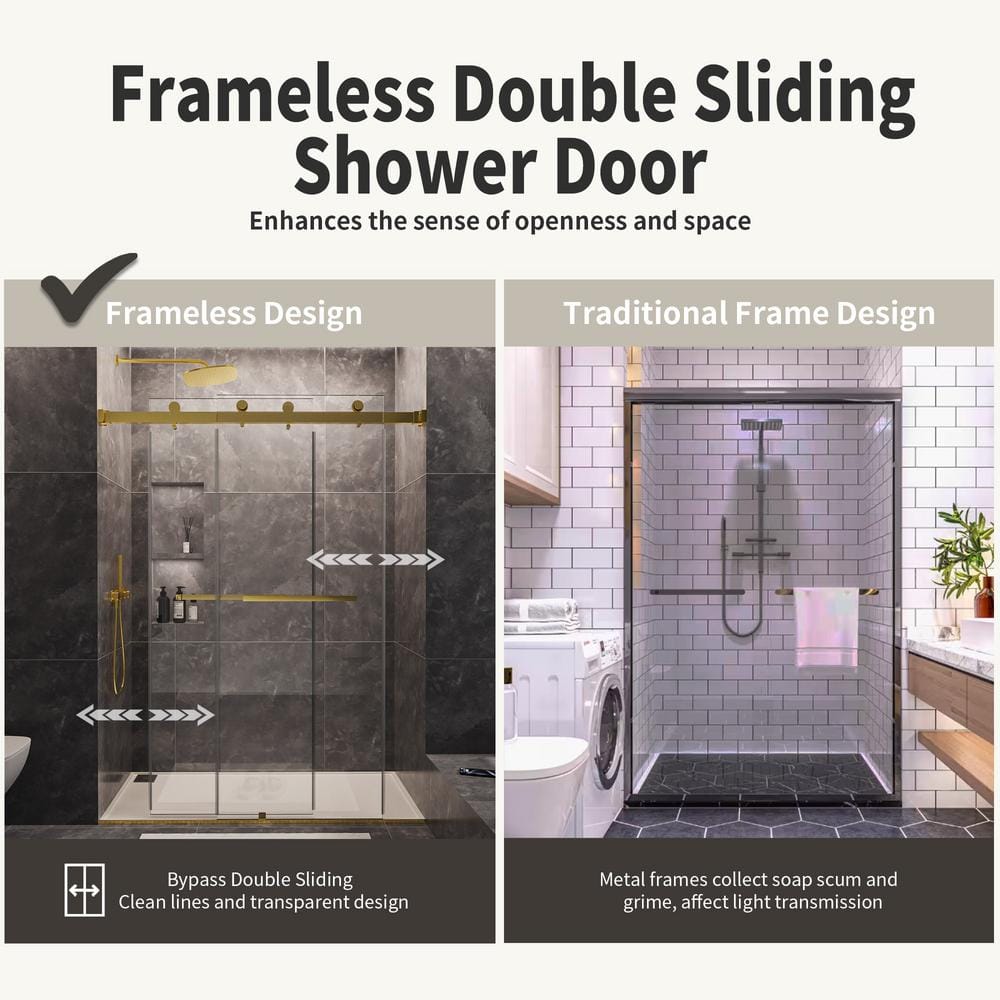 NANAWO 60 in. W x 80 in. H Sliding Frameless Shower Door in Brushed Gold with 3/8 in. Clear Glass