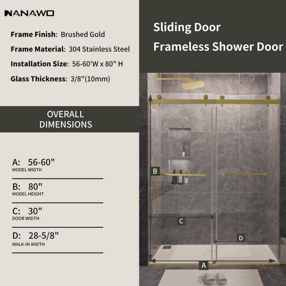 NANAWO 60 in. W x 80 in. H Sliding Frameless Shower Door in Brushed Gold with 3/8 in. Clear Glass