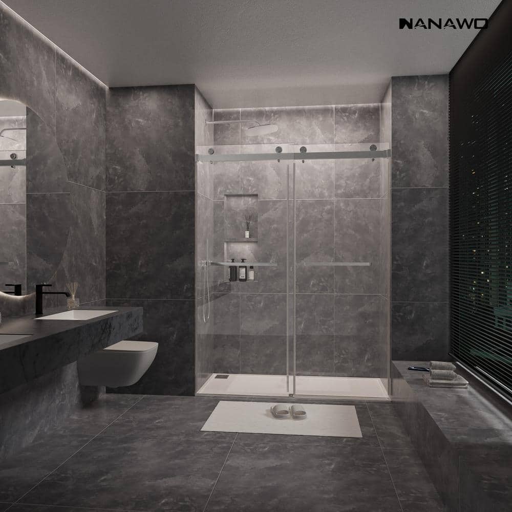 NANAWO 66 in. W x 76 in. H Sliding Frameless Shower Door in Brushed Nickel with 3/8 in. Clear Glass