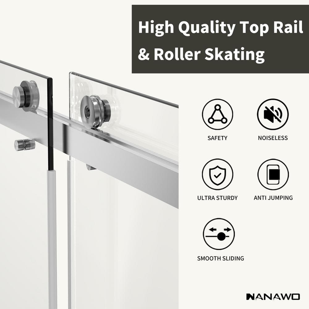 NANAWO 66 in. W x 76 in. H Sliding Frameless Shower Door in Brushed Nickel with 3/8 in. Clear Glass