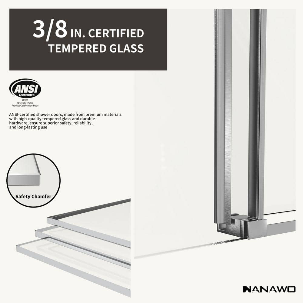 NANAWO 66 in. W x 76 in. H Sliding Frameless Shower Door in Brushed Nickel with 3/8 in. Clear Glass