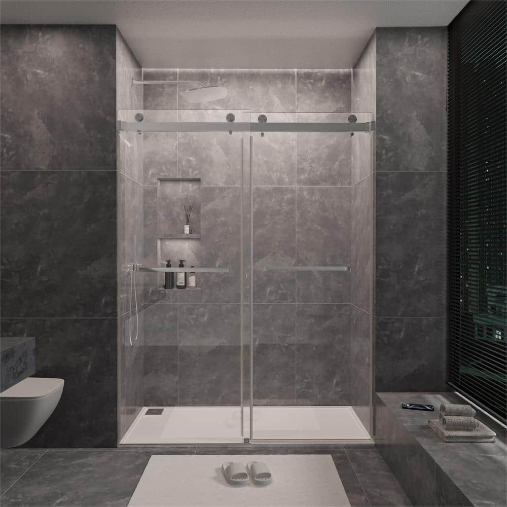 NANAWO 66 in. W x 76 in. H Sliding Frameless Shower Door in Brushed Nickel with 3/8 in. Clear Glass