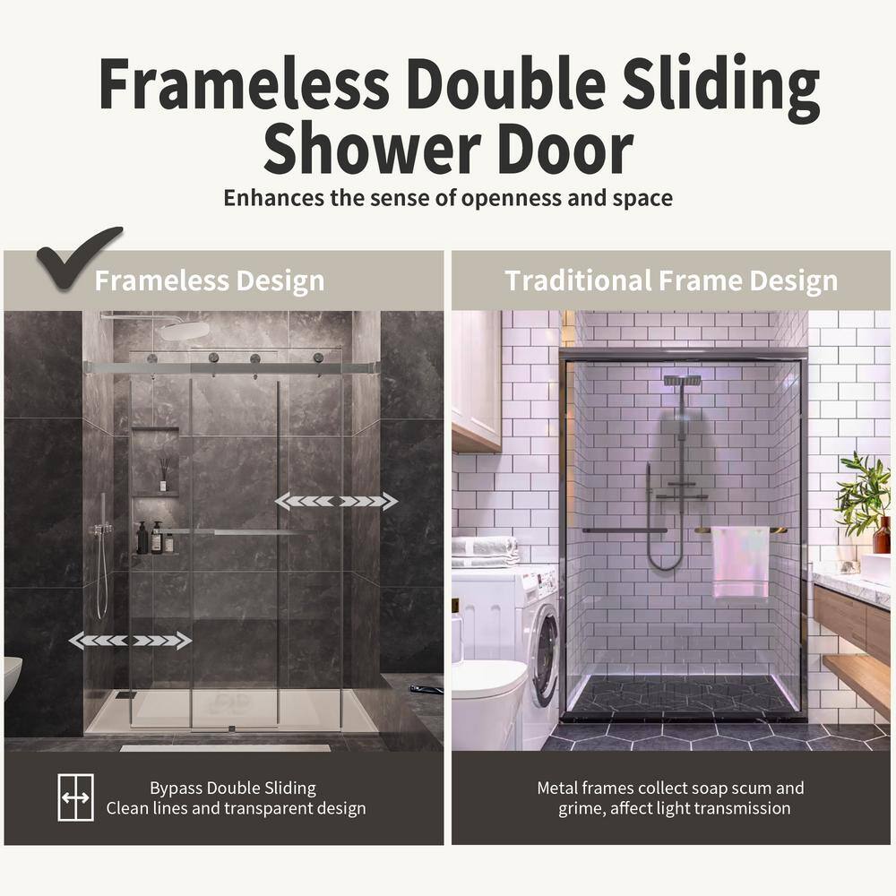 NANAWO 66 in. W x 76 in. H Sliding Frameless Shower Door in Brushed Nickel with 3/8 in. Clear Glass