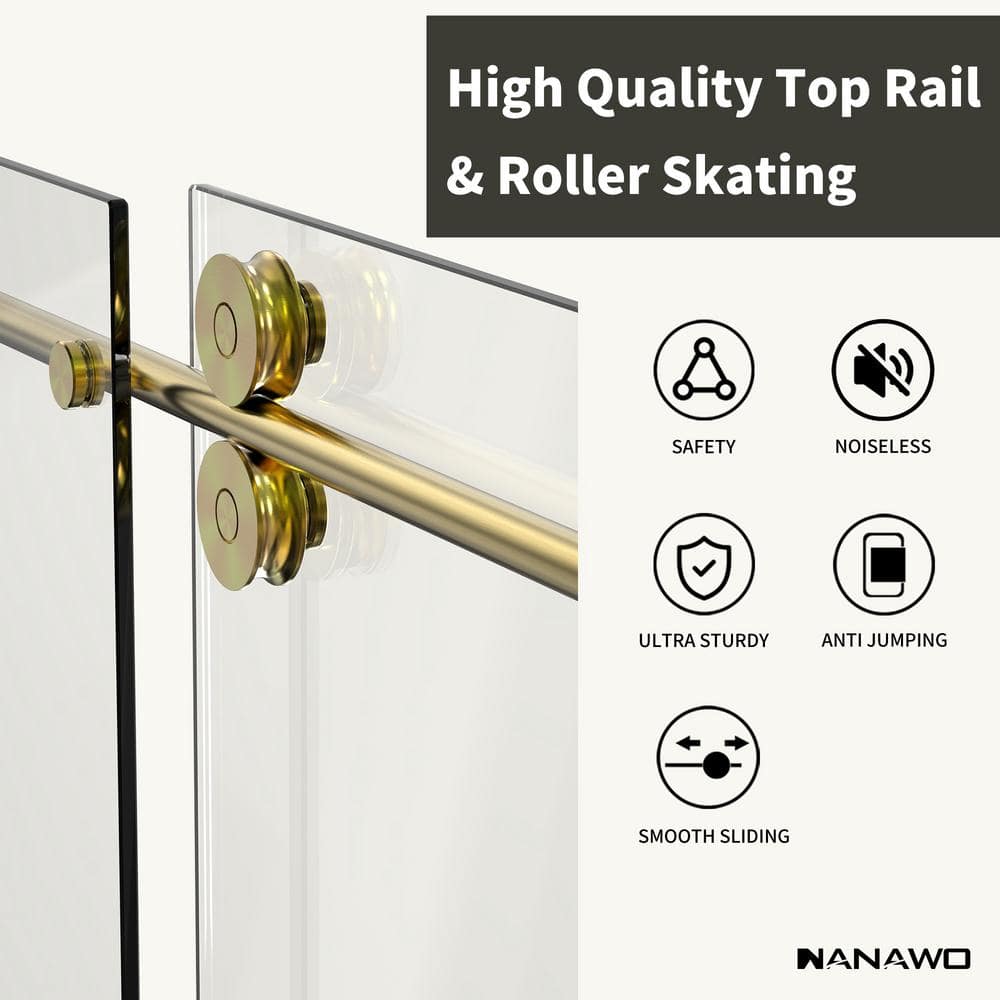 NANAWO 60 in. W x 72 in. H Single Sliding Frameless Shower Door in Brushed Gold with 3/8 in. Clear Glass