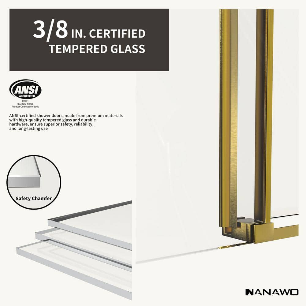 NANAWO 60 in. W x 72 in. H Single Sliding Frameless Shower Door in Brushed Gold with 3/8 in. Clear Glass