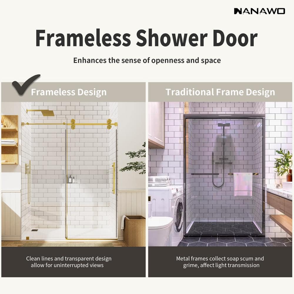 NANAWO 60 in. W x 72 in. H Single Sliding Frameless Shower Door in Brushed Gold with 3/8 in. Clear Glass