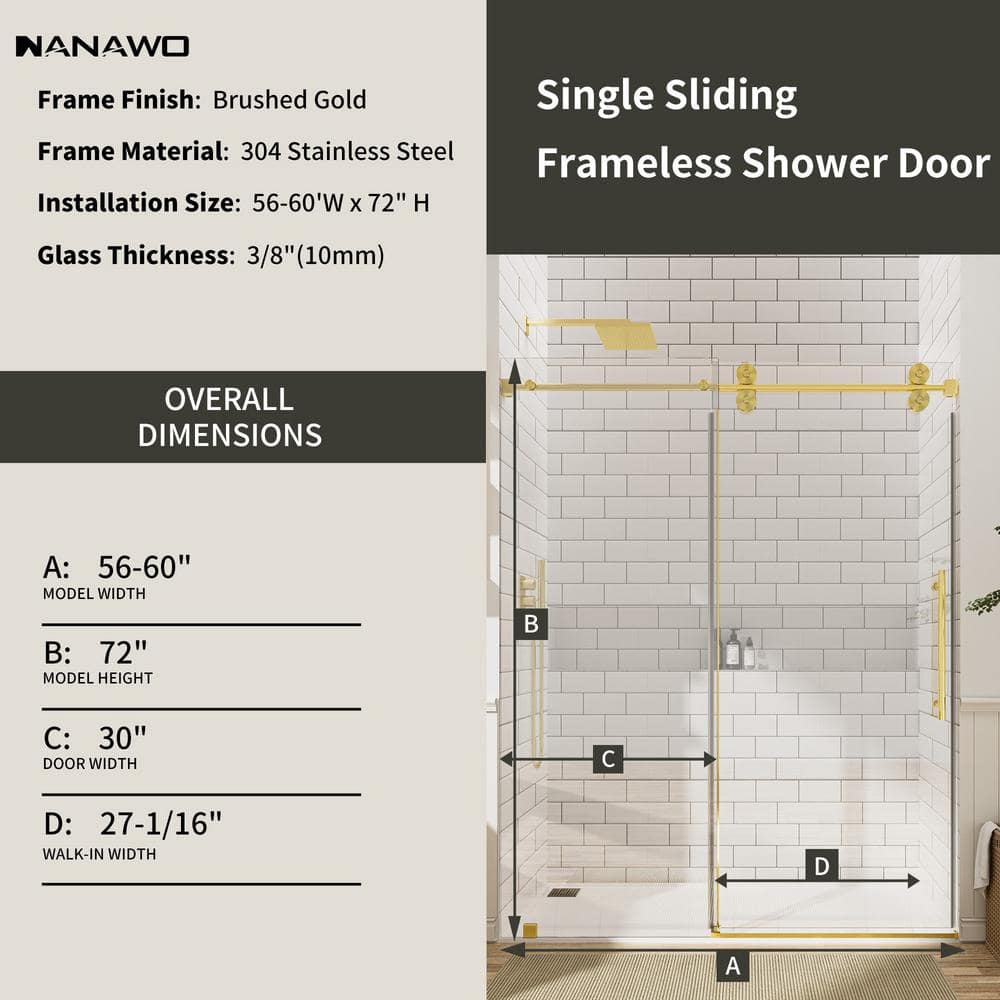 NANAWO 60 in. W x 72 in. H Single Sliding Frameless Shower Door in Brushed Gold with 3/8 in. Clear Glass