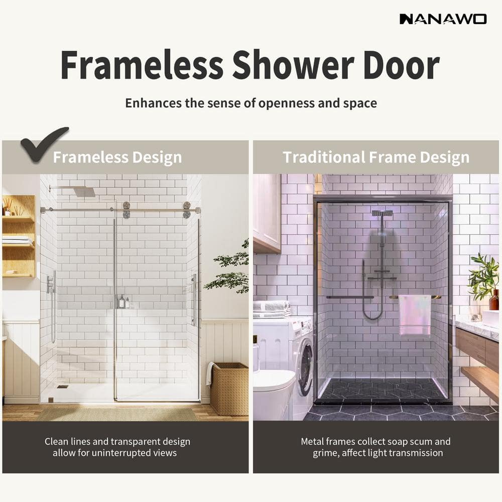 NANAWO 66 in. W x 76 in. H Single Sliding Frameless Shower Door in Grey with 3/8 in. Clear Glass