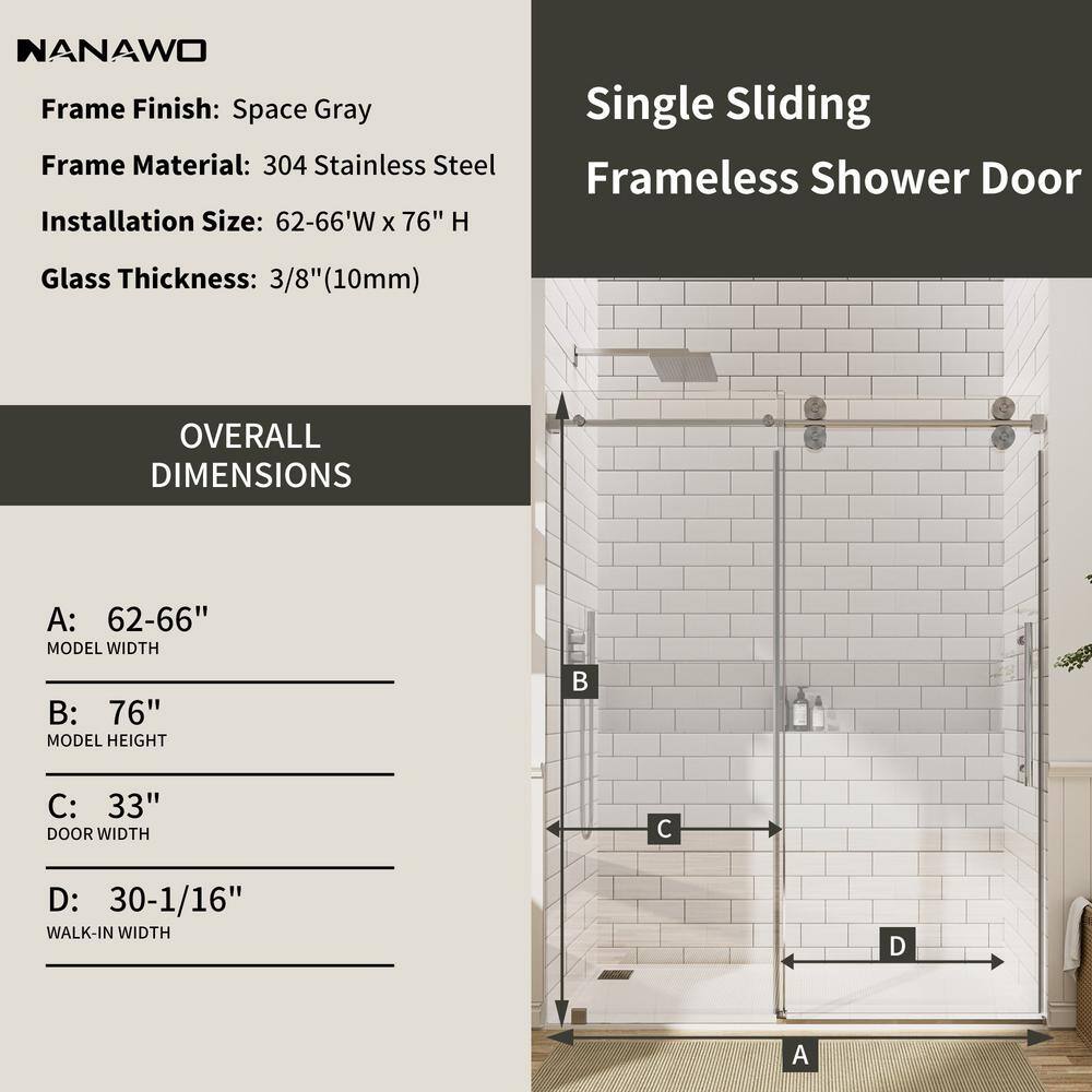 NANAWO 66 in. W x 76 in. H Single Sliding Frameless Shower Door in Grey with 3/8 in. Clear Glass