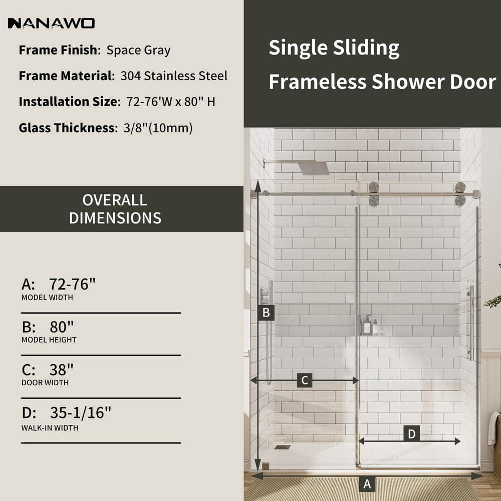 NANAWO 76 in. W x 80 in. H Single Sliding Frameless Shower Door in Grey with 3/8 in. Clear Glass