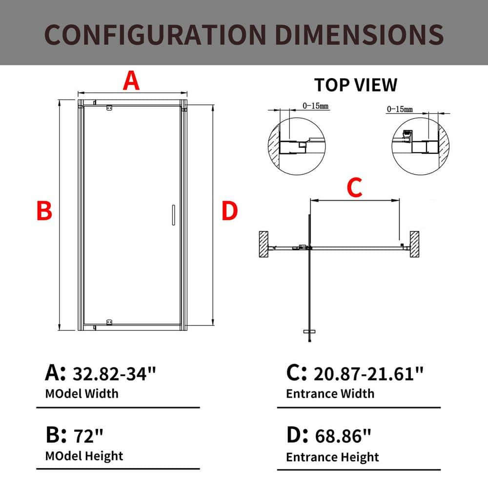 NANAWO 34 in. Wx 72 in. H Pivot Framed Shower Door in Chrome with 1/4 in. Clear Glass Shower Panel