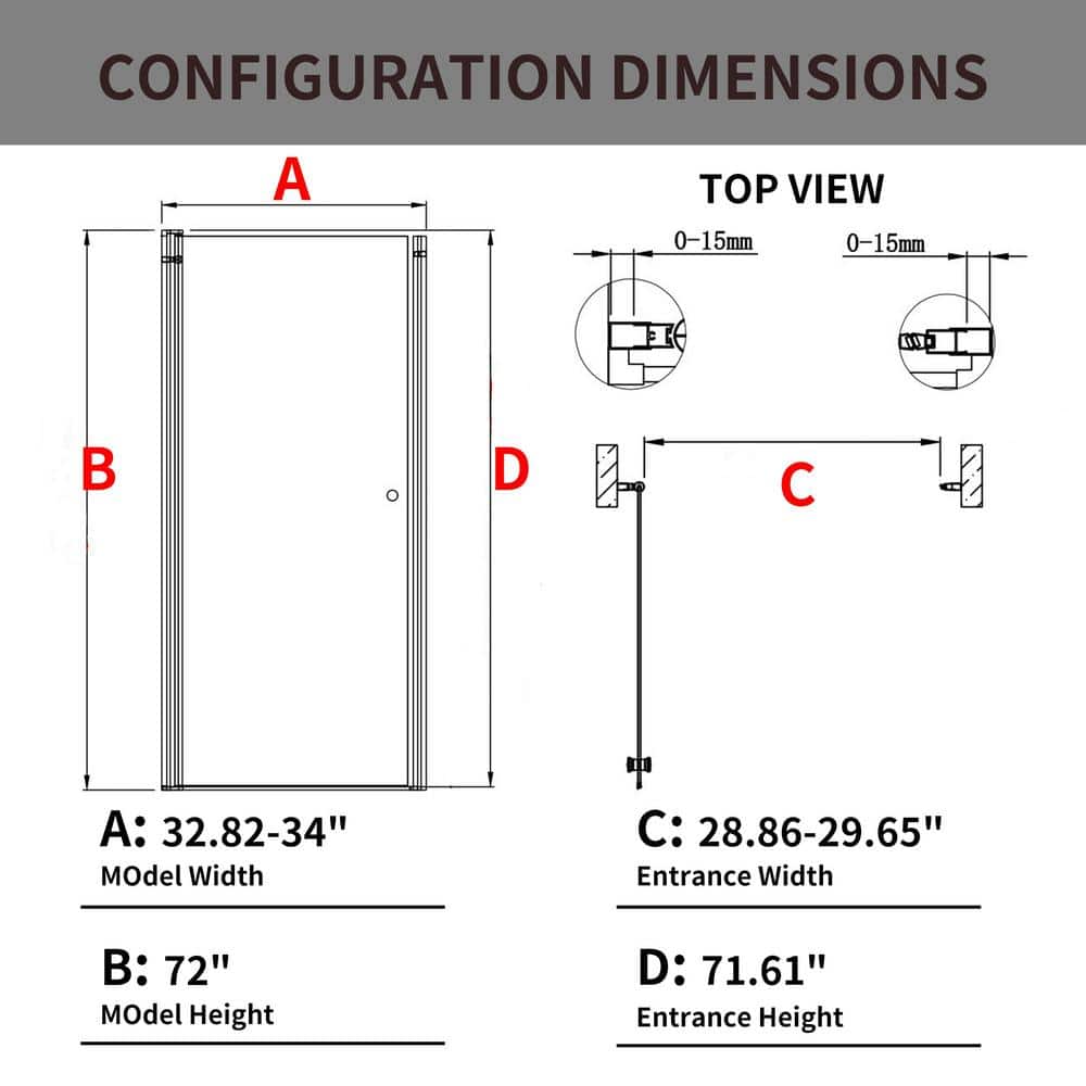 NANAWO 34 in. W x 72 in. H Pivot Semi-Frameless Shower Door in Chrome with1/4 in. Clear Glass Shower Panel