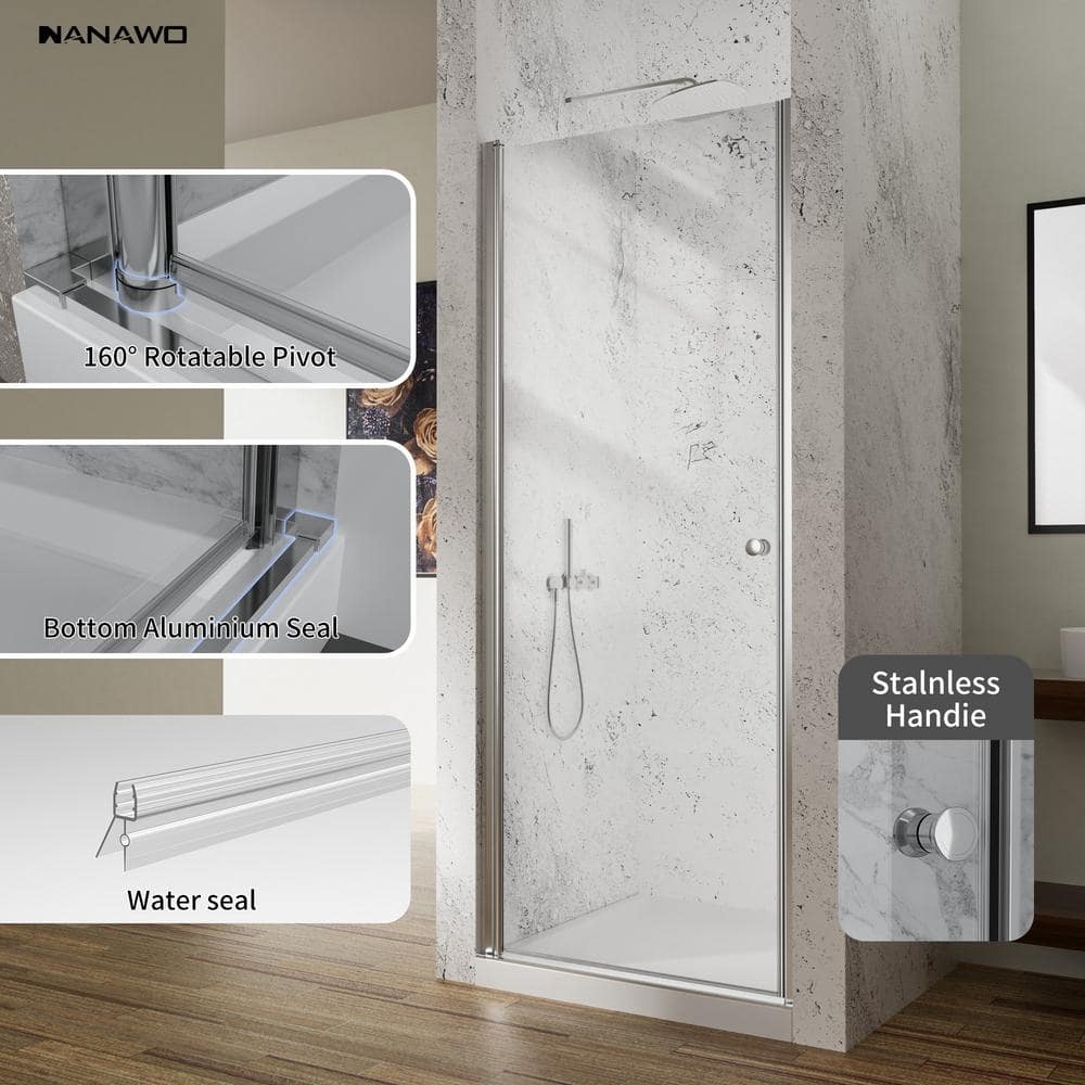 NANAWO 34 in. W x 72 in. H Pivot Semi-Frameless Shower Door in Chrome with1/4 in. Clear Glass Shower Panel