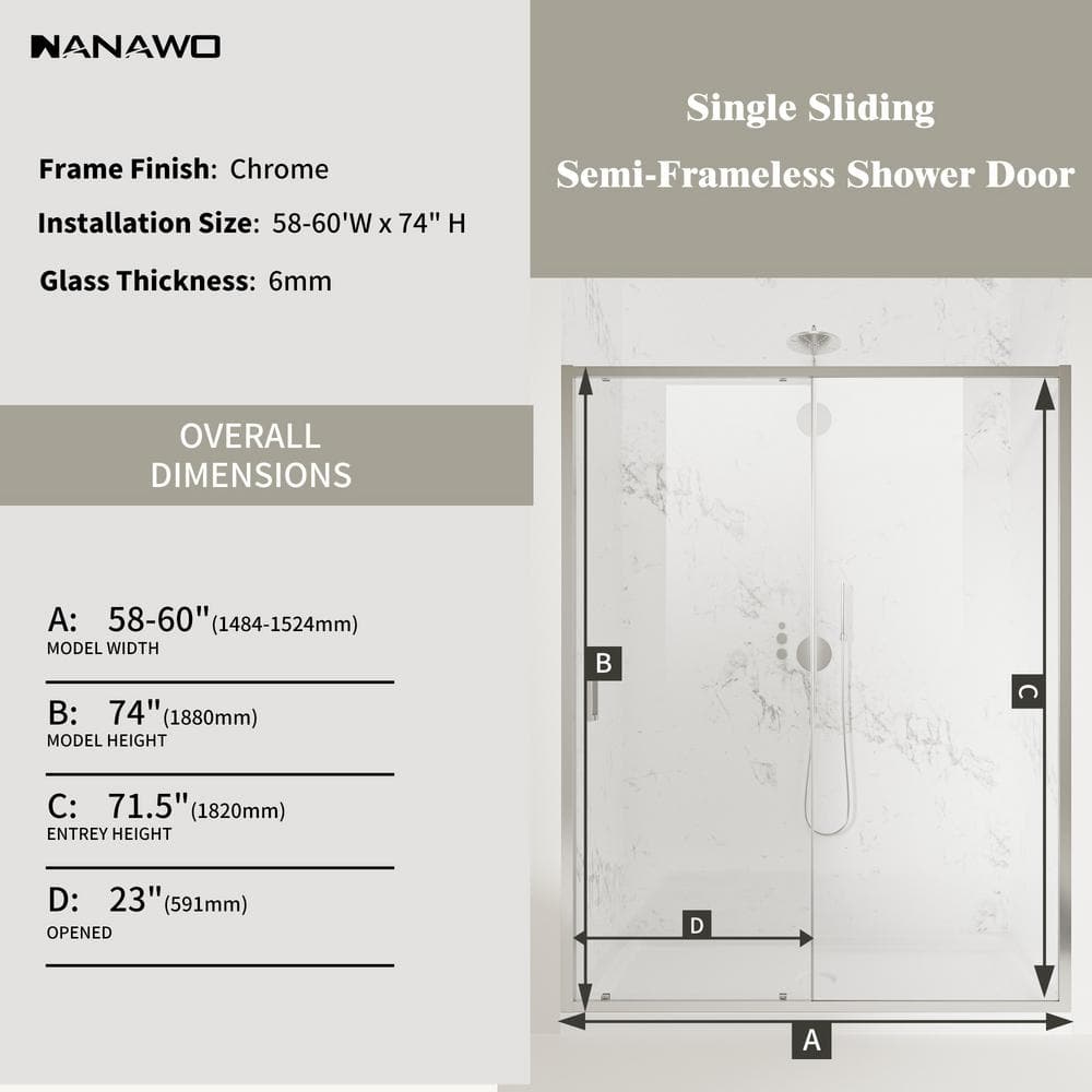 NANAWO QuickMount 60 in. W x 74 in. H Single Sliding Semi Frameless Shower Door in Chrome with Clear 1/4 in. Glass