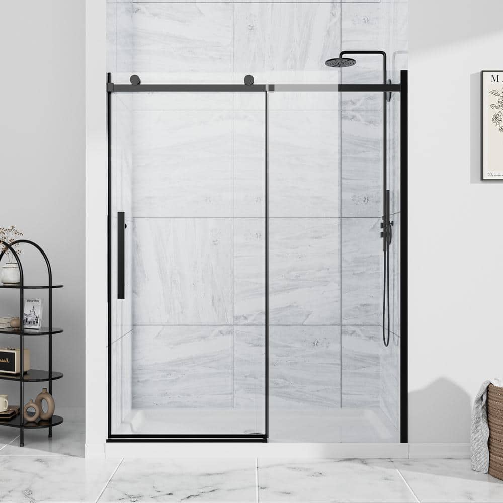 NANAWO Obsidian 54 in. W x 74 in. H Single Sliding Frameless Shower Door in Matt Black with Clear 5/16 in. Glass
